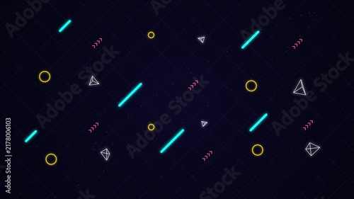 Abstract glowing neon geometric shapes floating seamlessly across dark grid backdrop creating dynamic retro motion graphics loop for modern digital projects.