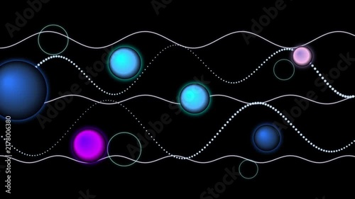 Abstract motion graphic with glowing neon spheres traveling along dotted wave lines across dark background for modern technology presentation digital visuals art.