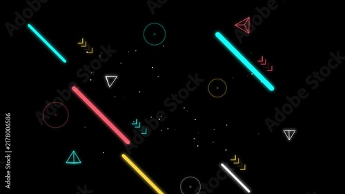 Abstract neon geometric shapes move diagonally across black background featuring glowing lines circles and triangles in vibrant retro synthwave motion graphics.