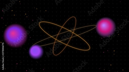 Abstract particle animation with vibrant purple and pink light orbs orbiting in a seamless loop against a dark starry background for science and tech visuals.
