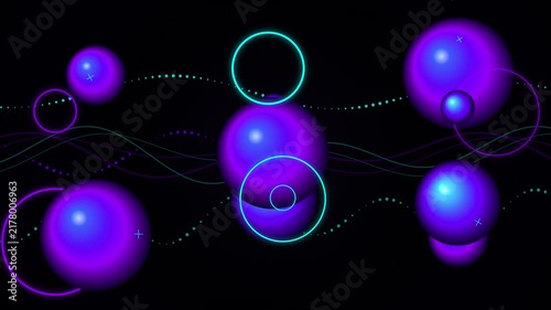 Abstract purple 3d spheres floating across black space with neon glowing circles and flowing particle lines creating dynamic motion graphics for video backgrounds.