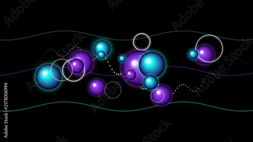 Abstract purple and cyan glowing spheres floating dynamically with neon waves on black background creating futuristic scientific motion graphics visual effect.