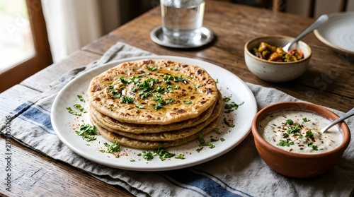 Stack of indian paratha bread served with curd and pickle on rustic wooden table.