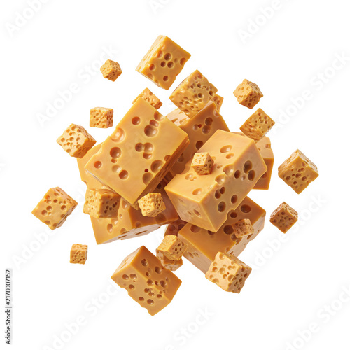 A collection of cubed swiss cheese pieces with holes floating in mid air isolated on a transparent background