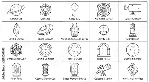 Sci-Fi Space Devices and Quantum Artifacts Line Art Icon Grid Set