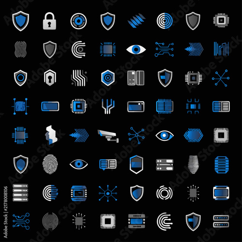 Cyber Security and Network Protection Vector Icon Set on Dark Background