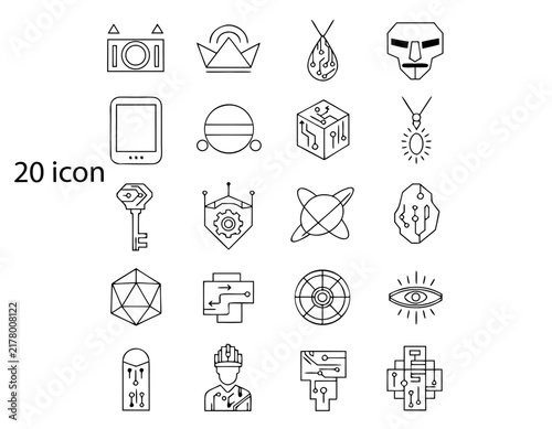 Futuristic Sci-Fi Line Art Icon Set – Technology, Cyberpunk, & Space Artifacts Vector Icons