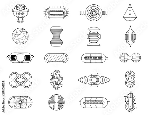 Minimalist Sci-Fi Artifact Icons Cybernetic Tech Line Art Vector Set