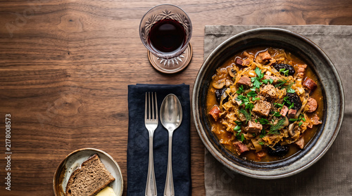 Polish/ Lithuanian stew dish: Hunters Stew/ Bigos on a table seen from above with copy space, ad image traditional East European food