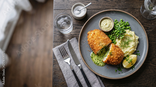 Ukrainian stew dish: Kiev chicken / breaded chicken on a table seen from above with copy space, ad image traditional East European food