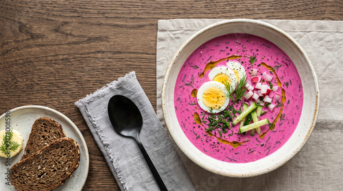 Polish/ Lithuanian beet chilled soup on a table seen from above with copy space, ad image traditional East European food