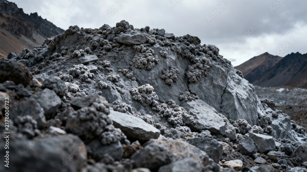 Obraz premium Rugged rocky terrain with clustered lichen formations under overcast sky