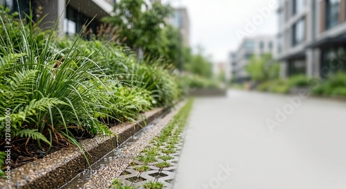Sustainable urban drainage system with rain garden green infrastructure and permeable paving in modern environment