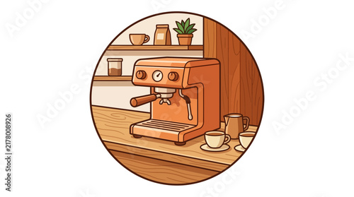 A charming cartoon illustration of an orange espresso machine on a wooden counter with coffee cups and shelves in the background.