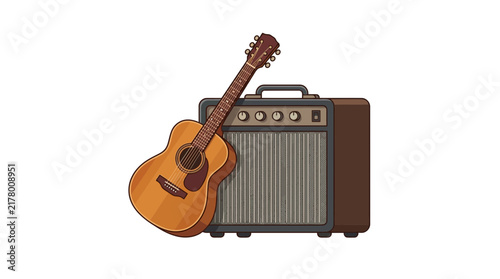 Acoustic guitar leaning against a classic guitar amplifier, ready for a musical performance or practice session.