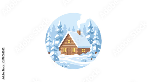 A charming wooden cabin with glowing windows and smoke from the chimney, surrounded by snow-covered pine trees in a serene winter forest scene.