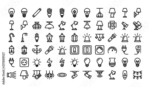 Black Linear Lighting Icons Collection with Light Bulbs Lamps Electricity and Simple Flat Pictograms