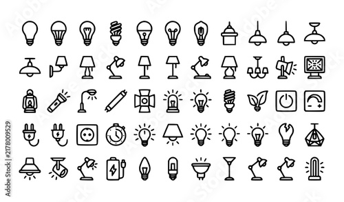 Flat Black Light Bulb and Lamp Pictogram Vector Pack with Electric Lighting and Simple Linear Icons