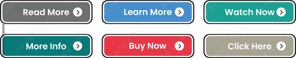 Fototapeta premium Call to Action Button Vector Set. Read More, Learn More, Watch Now, More Info, Buy Now and Click Here Colorful Labels for Web and App UI