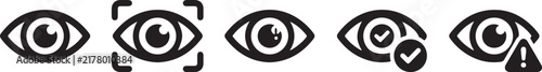 Minimalist eye icon set, biometric scan and vision symbols, black linear optical security and warning signs for UI design isolated on Transparent Background