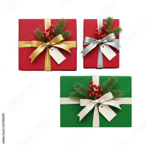 three luxury christmas presents, deep red and emerald green, with silk ribbons and natural fir sprigs, on a transparent background, zero shadows. concept for luxury holiday advertising