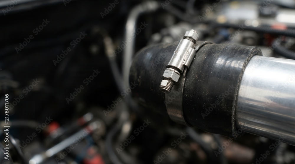 Fototapeta premium Metallic Turbo Intake Hose Clamp Secured on an Automotive Engine Component for High-Performance Vehicle Engineering and Mechanical Repair