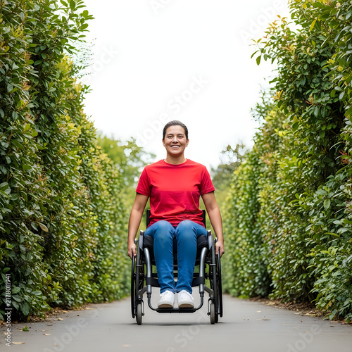 Smiling person in wheelchair on a nature path