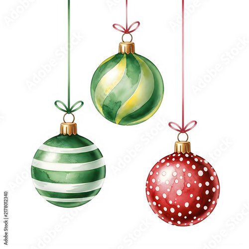 Three colorful hanging christmas ornaments on strings
