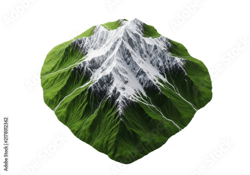 hyper-realistic miniature diorama of a majestic mountain range with snowy jagged peaks and lush emerald green hills, isolated object, top-down view on transparent, zero shadows, concept of untouched