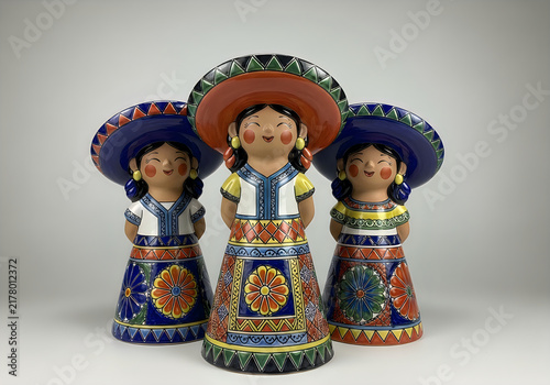 Three colorful traditional sombrero dolls standing together