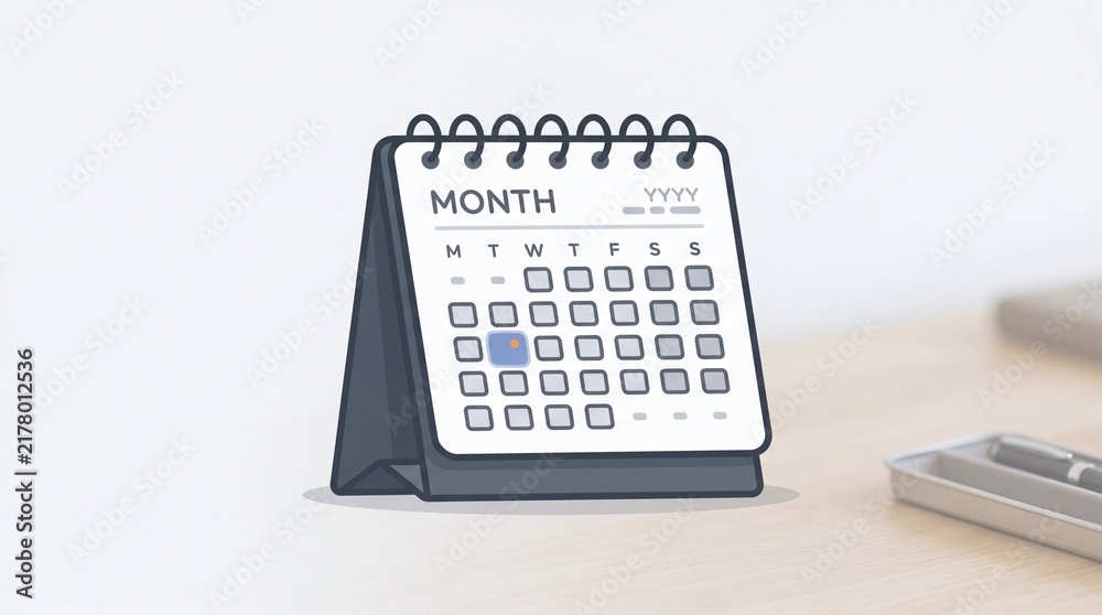 Obraz premium Minimalist desk calendar with spiral binding showing blank dates for scheduling and time management on a clean wooden office table with shallow depth of field in a bright workspace, professional