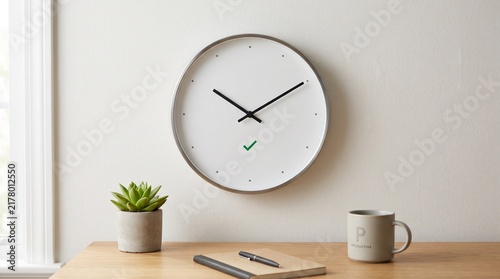 Minimalist wall clock with green checkmark symbol hanging above wooden desk with plant notebook and mug in modern home office interior with soft natural sunlight for professional productivity concept