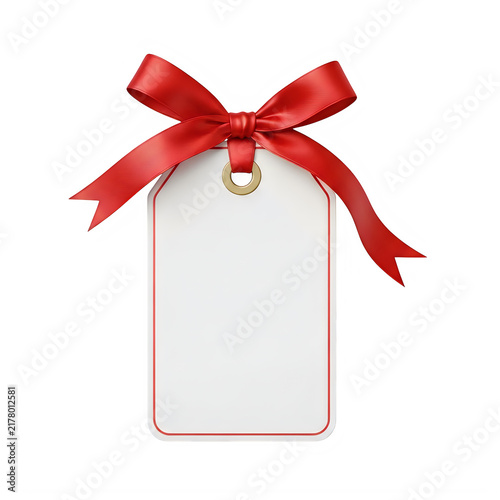 White gift tag with red ribbon bow