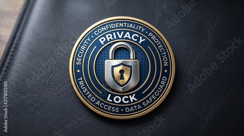llic privacy lock emblem with embossed security text resting on premium black textured leather surface, conceptual professional badge representing digital data safety and confidentiality protocols