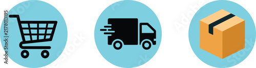 Shopping cart, delivery truck, and cardboard box icons set