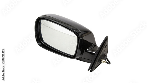 Konstfotografi Black glossy car side rear view mirror isolated on dark background for automotiv