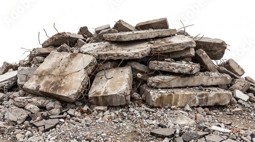 Pile of rubble and broken concrete blocks from demolition site in industrial area