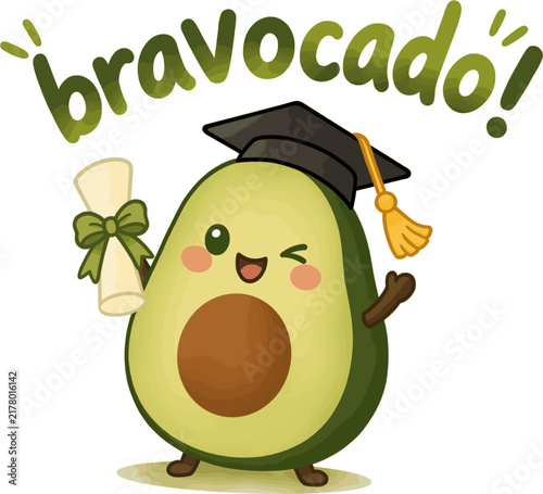 ​Cute avocado wearing graduation cap holding diploma with bravocado text, vector illustration of funny fruit mascot isolated on white background.