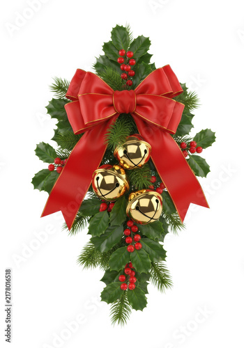 photorealistic christmas swag with wet holly, red berries, reflective satin bow, and golden jingle bells, isolated on transparent background, high-key lighting, zero shadows. concept for luxury