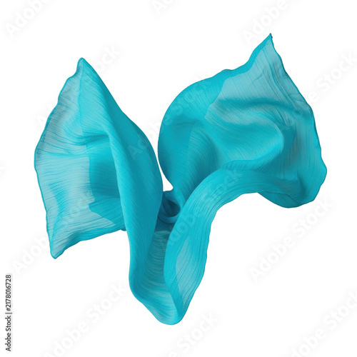 ultra-photorealistic flat lay of vibrant, saturated turquoise crinkled chiffon fabric, sheer and flowing with asymmetrical folds, sharp focus on fine texture, shadowless high-key lighting, on a matte