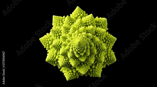 Fresh romanesco broccoli vegetable with a natural fractal pattern showing geometric spiral shapes on a dark background