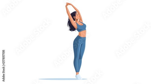 A person stretching both arms over the head, wearing sportswear. Isolated on white background.