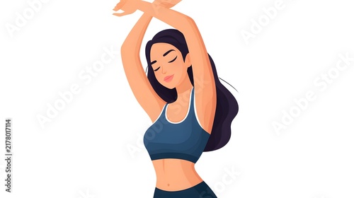 A person stretching both arms over the head, wearing sportswear. Isolated on white background.