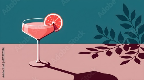 A delicious pink grapefruit cocktail in a glass with a citrus slice garnish sitting on a table with a leafy plant shadow