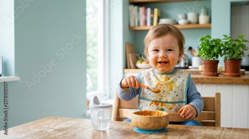 Smiling toddler eating puree with a spoon at a wooden table. Messy child in a bib during mealtime at home