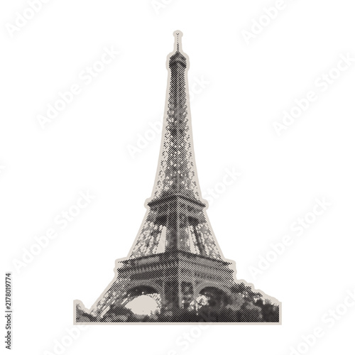 Y2K Halftone Collage with Retro Landmark Architectural Eiffel Tower Elements
