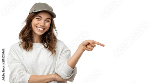 A person smiling and pointing sideways, isolated on white background.