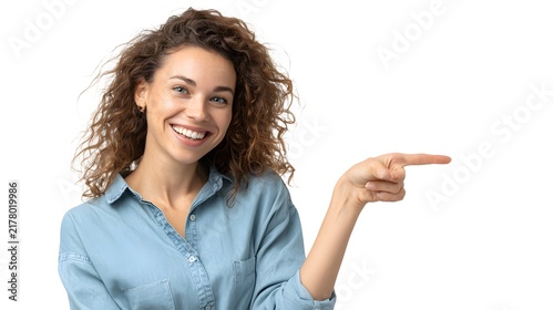 A person smiling and pointing sideways, isolated on white background.