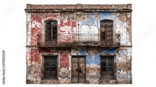 Weathered and peeling paint on an old urban building facade with rusted iron balconies