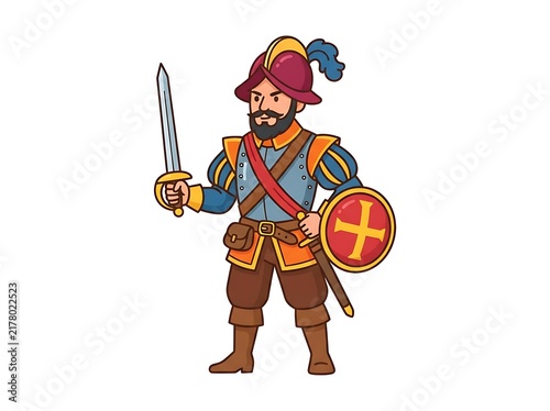 Cartoon soldier with sword and shield historical costume illustration
